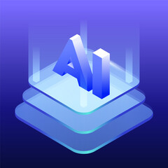 Futuristic AI Square shape with Layer Glasses Panels Pyramid Effect Isometric for Artificial Intelligence Machine Learning, Tech Innovation for Digital Assistant Science Technology in Glassmorphism.