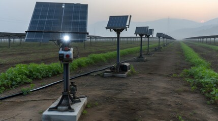Solar panels in agricultural setting during sunrise with misty background
