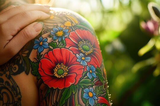 Vibrant floral tattoo adorns a woman's shoulder, showcasing red poppies and blue forget-me-nots.