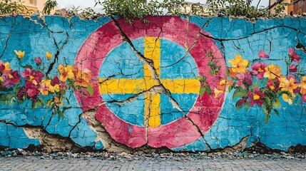 Obraz premium Vibrant peace mural on a cracked urban wall