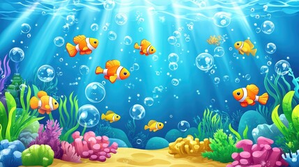 Vibrant Underwater Scene with Colorful Clownfish and Coral Reef