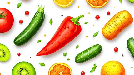 Vibrant and Colorful Fresh Fruits and Vegetables Seamless Pattern Background