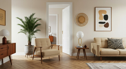 Mid-Century Modern Living Room with Warm Tones, Wooden Sideboard, and Cozy Interior Design