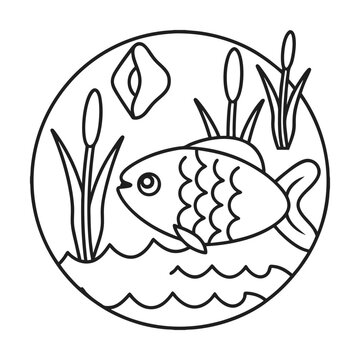 recommend clip art: Fish in pond outline illustration featuring cattails and lily pad aquatic ecosystem vector