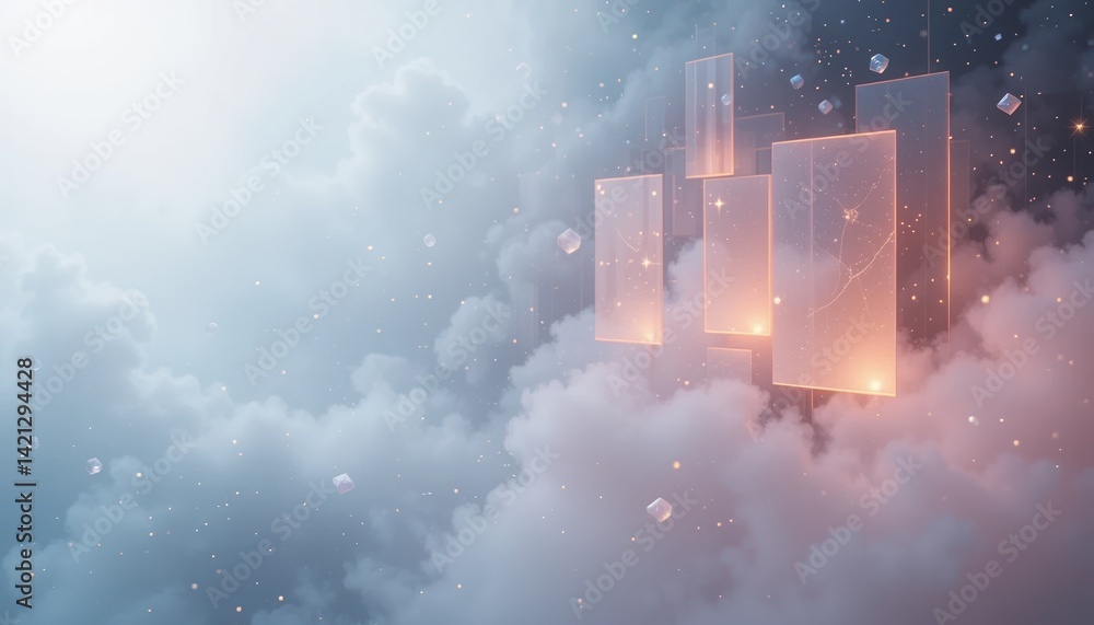 Poster cloudy digital landscape transformation abstract space 3d render surreal environment aerial view con