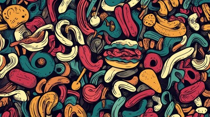Naklejka premium An abstract collage shows food items and shapes scattered randomly