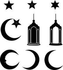 Islamic icons set. Islamic decoration concept. Ramadan Kareem Eid Mubarak vector illustration Muslim man praying. Fanoos Lantern With Islam Logo Vector. Muslim Holy Book Quran vector