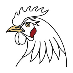 Minimalist rooster illustration profile view black outline gold beak and eye red details poultry farm icon