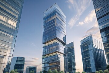 Fototapeta premium Comprehensive Overview of Modern Office Layouts in a Sleek Glass Tower Design