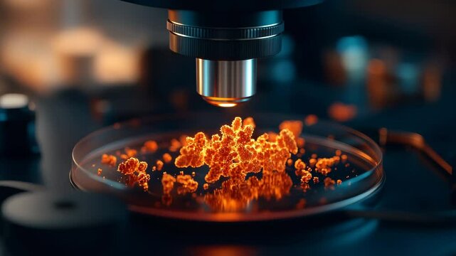 A close-up of a petri dish displaying vibrant orange microscopic particles illuminated by a microscope, showcasing intricate details.