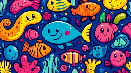 Fototapeta premium Playful cartoon ocean scene filled with brightly colored sea creatures
