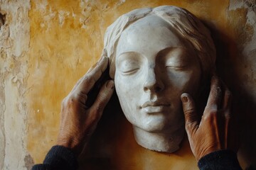 A sculptor's hands delicately refine a serene female bust, showcasing the artistry and detail of the creation process.