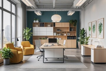 Vibrant Functional Office Design with Minimalist Furniture and Practical Layout