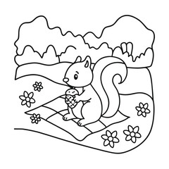 Cute squirrel picnic illustration with acorn and flowers in line art for coloring books