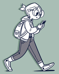 a girl walking while looking at a smartphone with a hoodie, pants, sneakers, and wearing a glasses