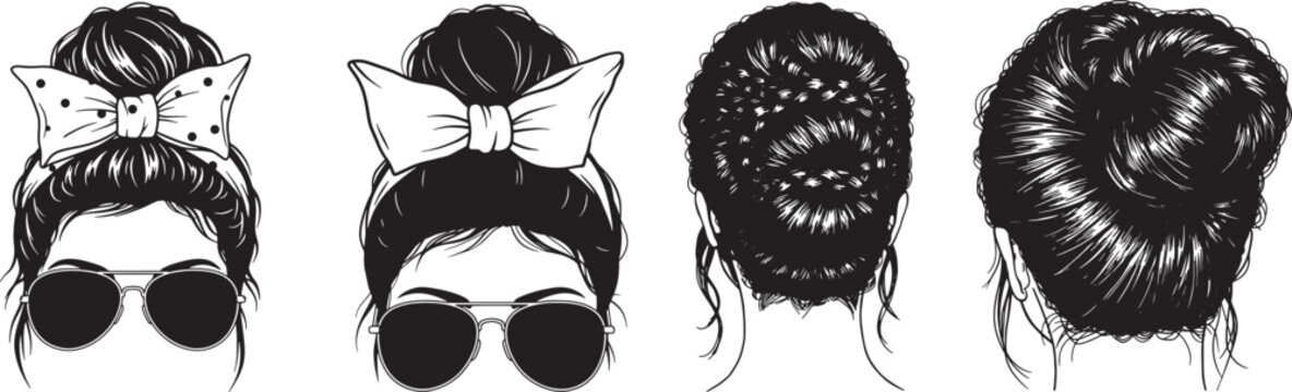 Vintage hairstyle illustrations, retro women's updos, black and white sketches, sunglasses, beehive hairstyle, braided bun, classic 1960s fashion, hand-drawn hair designs, trendy coiffures