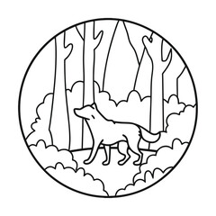 Stylized wolf in forest outline graphic simple circular design isolated illustration