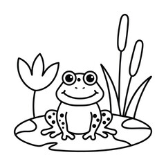 Cute smiling frog sitting on lily pad black and white outline illustration