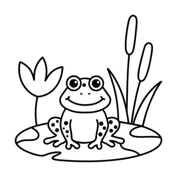 recommend clip art: Cute smiling frog sitting on lily pad black and white outline illustration