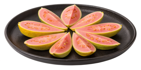 Vibrant Guava Slices on a Plate: Freshly cut guava slices, boasting a vibrant pink interior, are artfully arranged on a rustic plate.