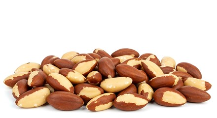 Fototapeta premium Lot of whole brazil brown nut white background. Brazilian food