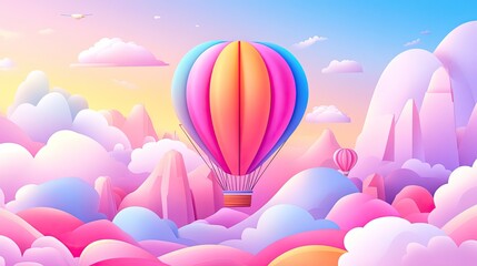 Naklejka premium Hot Air Balloon Adventure over Pastel Dreamland Mountains and Cloudscape