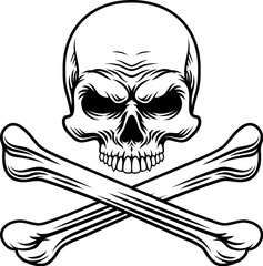 A skull and crossbones pirate crossed bones jolly roger design in a vintage retro woodcut style