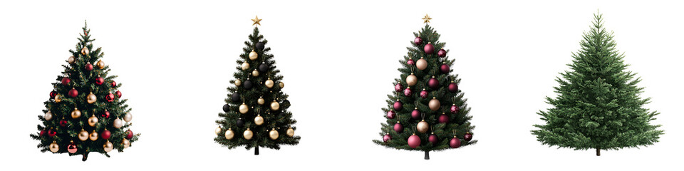 Christmas trees in various festive designs and long_title:A collection of beautifully decorated Christmas trees in different styles, including classic