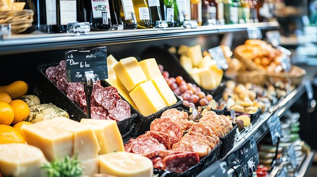   Gourmet deli counter showcasing artisan cheeses, cured meats, and fr - Powered by Adobe