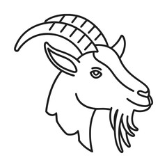 Simple black outline drawing of a goat head with horns for decoration and design projects