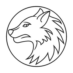 Monochrome wolf head design encapsulated in circle outline vector graphic for logos and insignias