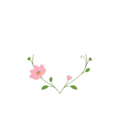 Minimalist logo design geometric floral frame with pink and green blooming flowers and curved stems, clean lines, symmetrical balance, white background