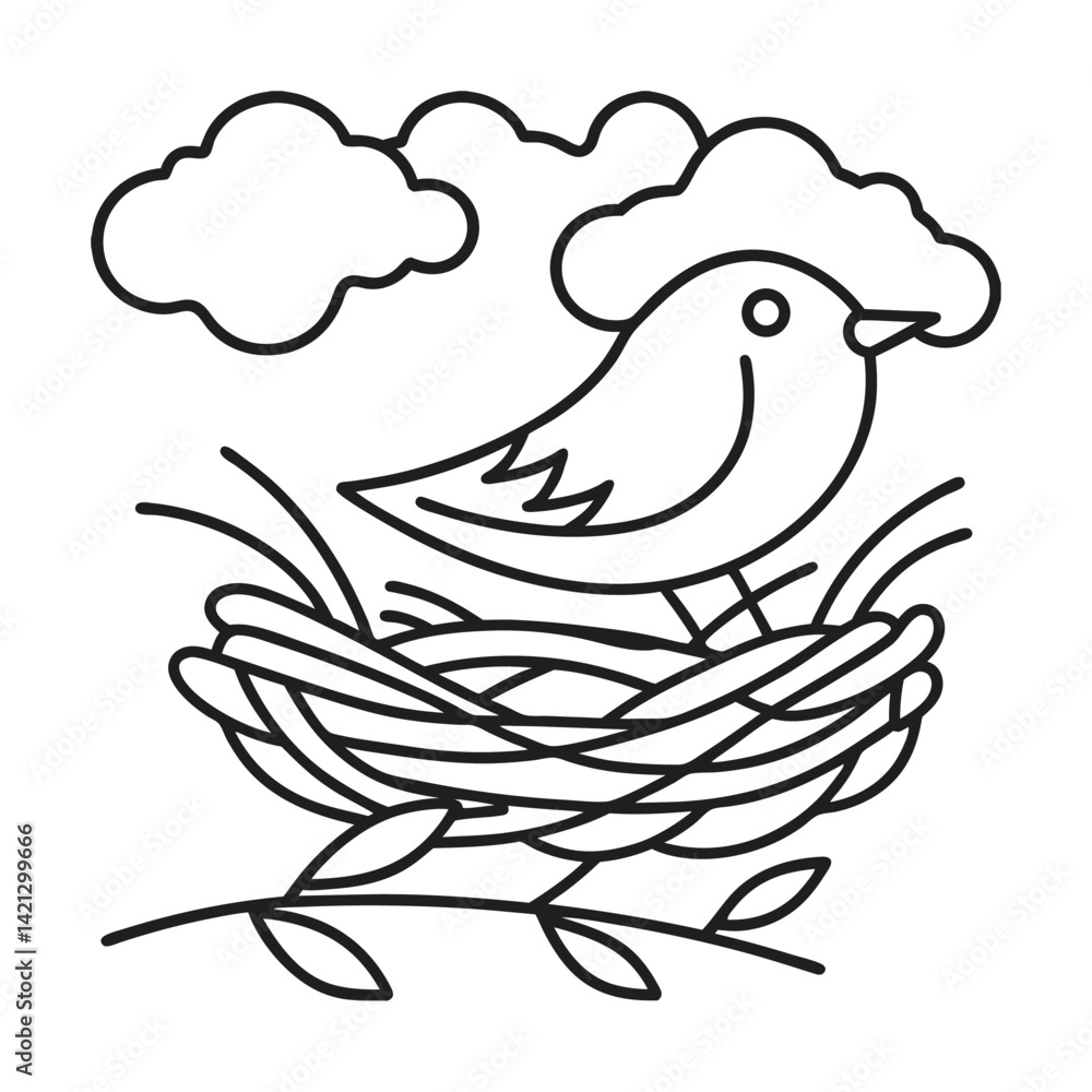 Poster minimalist line art illustration bird in nest with clouds simple spring outline design