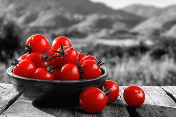 A bowl of vibrant red cherry tomatoes sits on a rustic wooden table against a blurred, monochrome mountain backdrop.