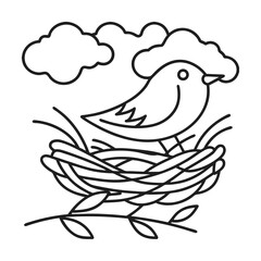 Minimalist line art illustration bird in nest with clouds simple spring outline design