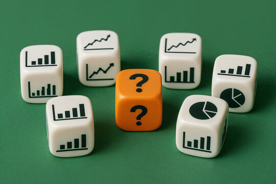 Uncertain Future Business Growth Strategy Planning Risk Management Dice Chart Graphic Orange White Green Background Mark Data Goal Trend Market Choice Target Result Concept Finance Success Failure    