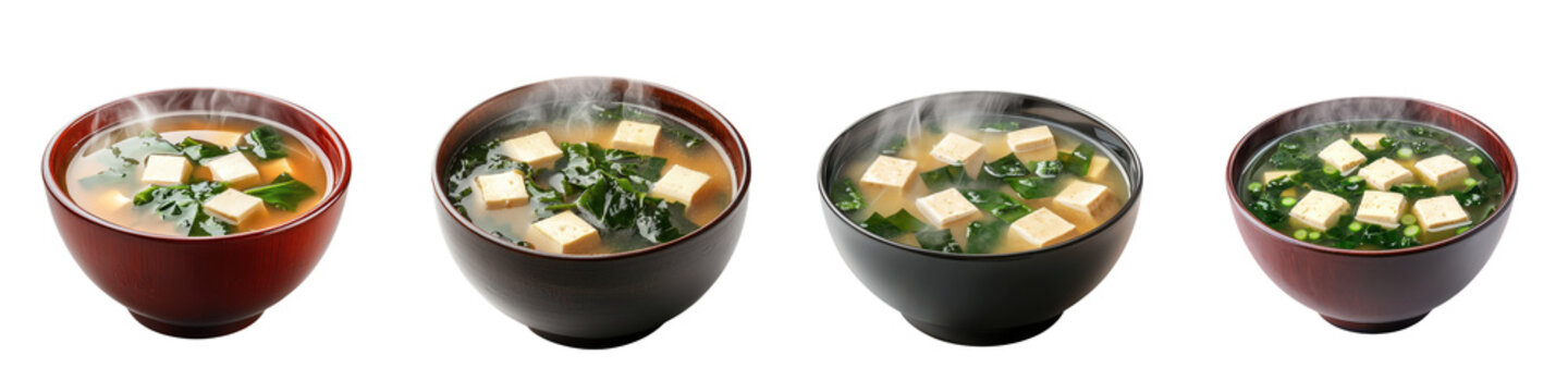 Steaming bowls of traditional miso soup with tofu and vegetables