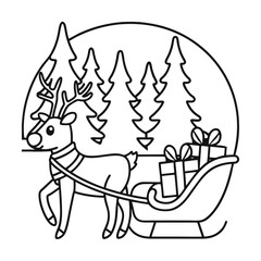 Festive reindeer pulling a sleigh filled with christmas presents in a winter forest outline