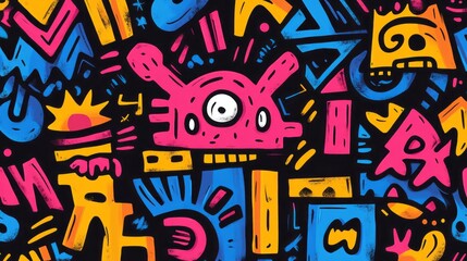 Colorful abstract doodle art featuring a central cyclops figure