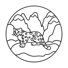 Snow leopard in mountain landscape minimalist line art illustration in circular frame
