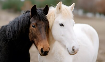 Fototapeta premium a black horse and a white horse embracing each other, Generative AI