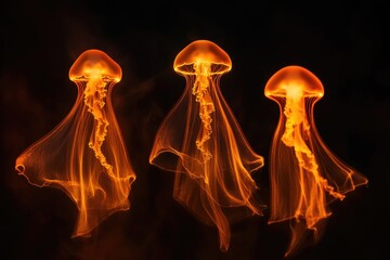Three luminous orange jellyfish gracefully drift in a dark, underwater setting.