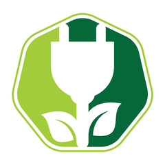 Leaf plug logo design vector illustration. Eco power logo design template.