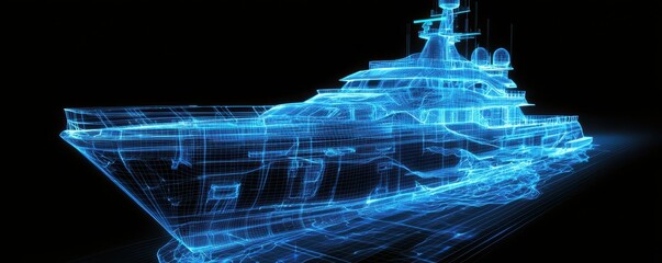 A digital wireframe model of a luxury yacht, showcasing intricate design details in a glowing blue outline against a dark background.