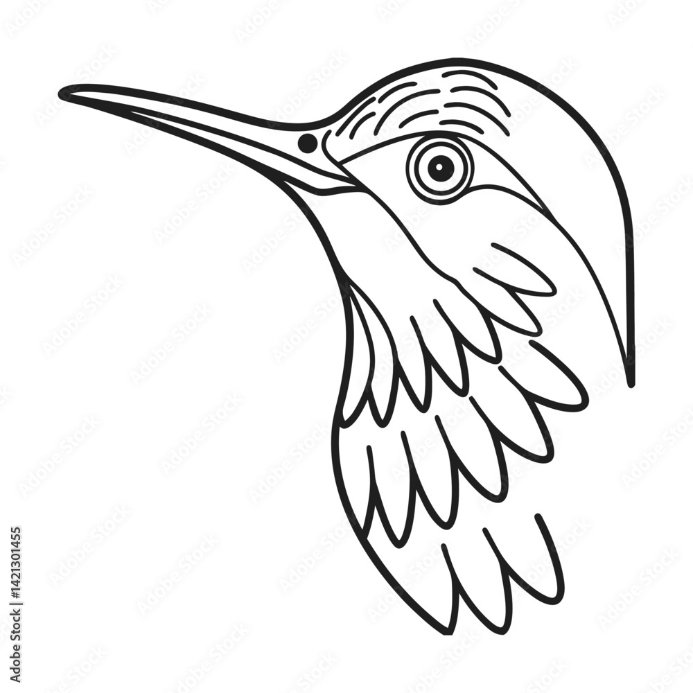Poster elegant line art illustration of a hummingbird head profile with simple minimalist design