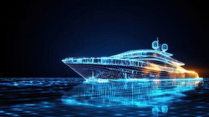 A futuristic yacht rendered in a blue wireframe style, set against a dark background with reflective water.