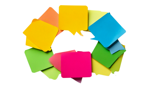 Colorful Speech Bubble Sticky Notes in Yellow, Pink, Blue, and Green Arranged in a Circular Pattern on White Background