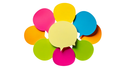 Colorful Speech Bubble Sticky Notes in Yellow, Pink, Blue, and Green Arranged in a Circular Pattern on White Background