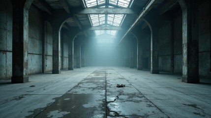 Fototapeta premium Eerie Ambiance of a Deserted, Aged Industrial Building with a Skylight and Hazy Atmosphere