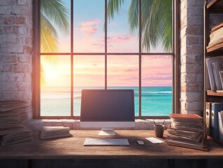 A serene workspace by the ocean with a stunning sunset view through a large window.